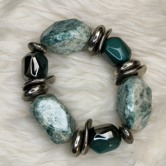 Statement Chunky Lucite Necklace And Elastic Bracelet Blue Teal Set Of 2 - Picture 3 of 8